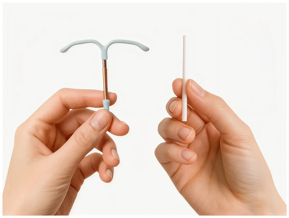 Mãos segurando DIU e implante contraceptivo