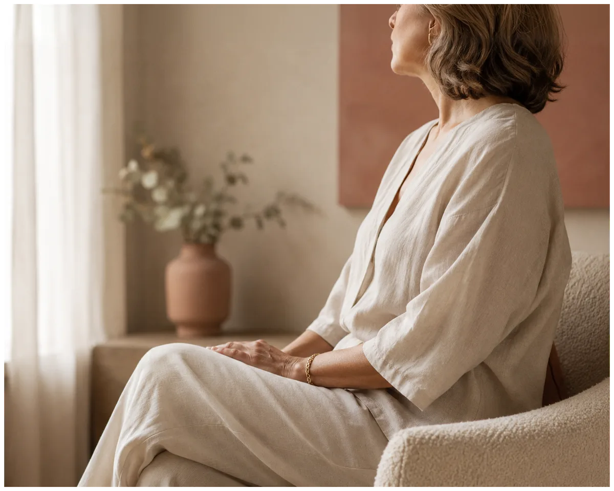 Mulher em ambiente acolhedor, simbolizando a fase da menopausa